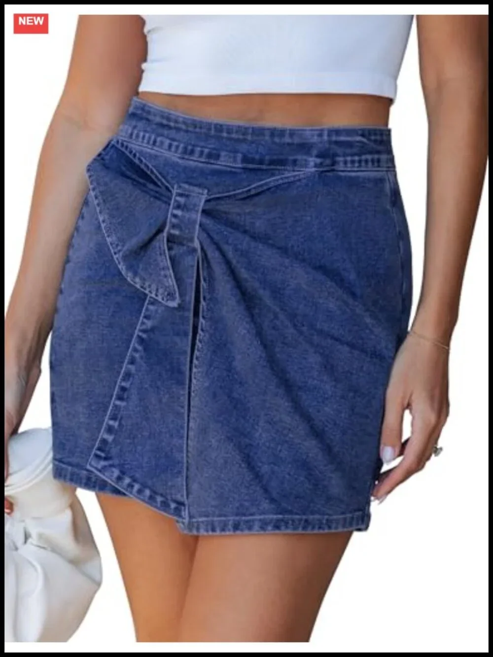 High Rise Denim Skort with Built-in Shorts and Bow Detail
